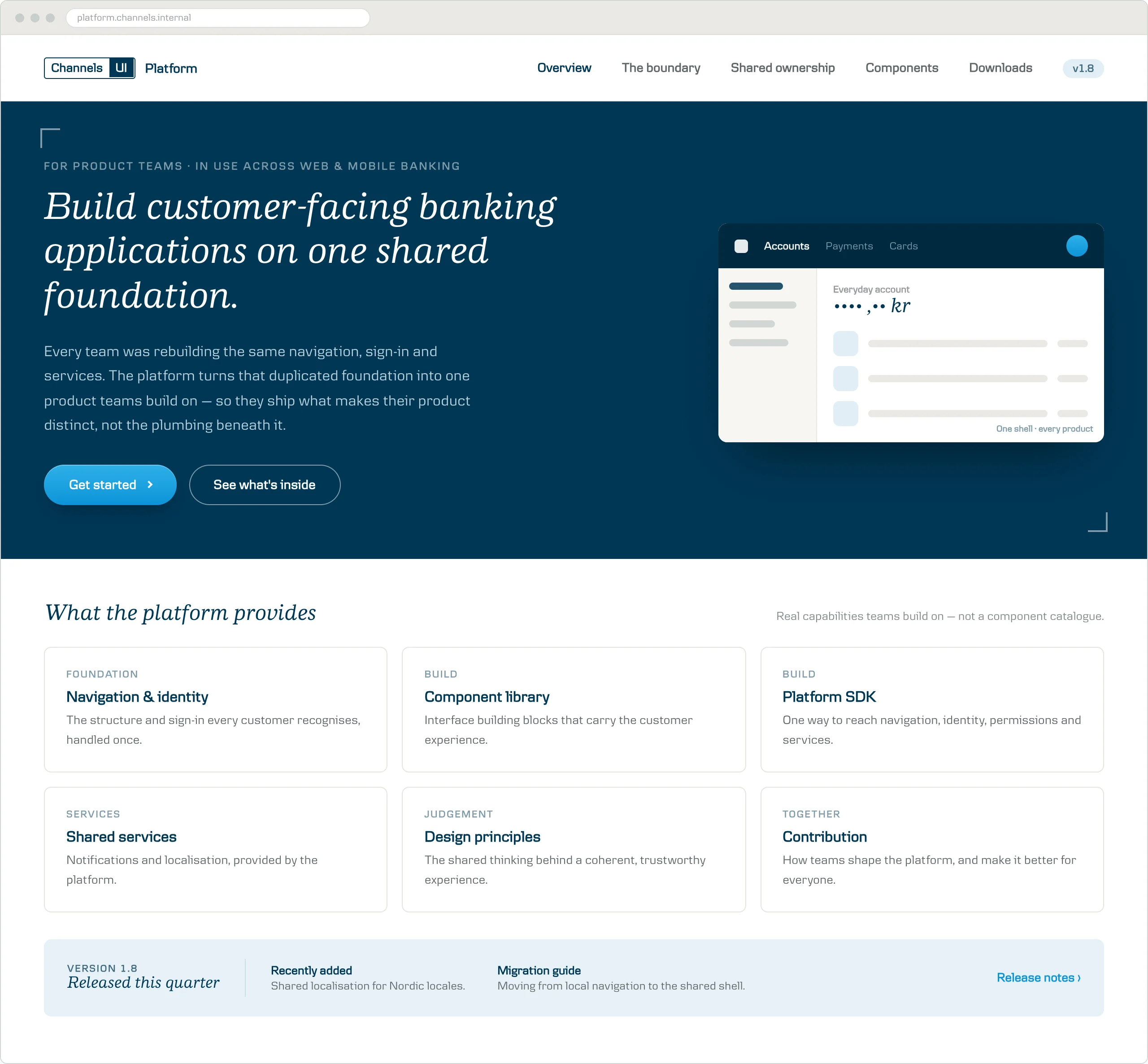 Illustrative Channels UI Platform portal showing shared foundations, services and contribution guidance
